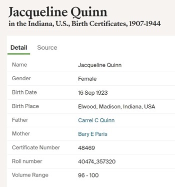 Jacqueline Quinn Krest birth certificate info, Class of 1941