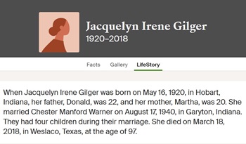 Jacquelyn (Jackie) Gilger Warner life info, Class of 1938