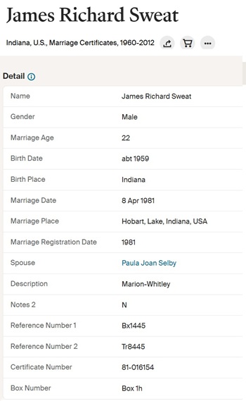 James (Jim) Sweat marriage info, Class of 1976