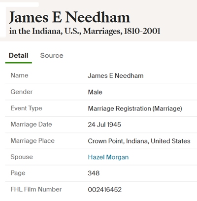 James Needham marriage info, Class of 1944