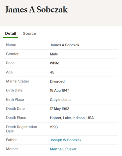 James (Jim) Sobczak death cert info, Class of 1965