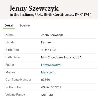 Jean (Jane, Jennie) Szewczyk Harms birth cert info, Class of 1943