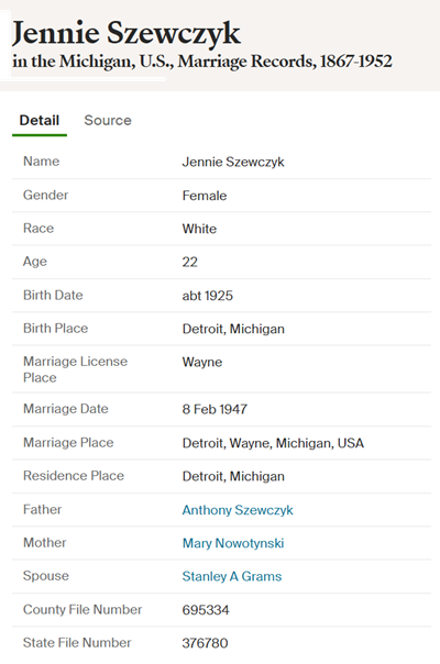 Jean (Jane, Jennie) Szeczyk marriage info, Class of 1943