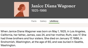 Janice Wagoner Sumner life info, Class of 1943
