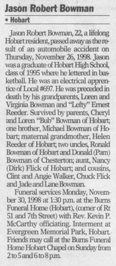Jason Bowman obituary artiicle, Class of 1995