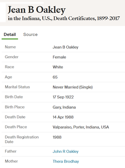Jean Oakley death cert info, Class of 1942