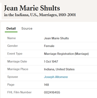 Jean Shults Altomere marriage info, Class of 1945