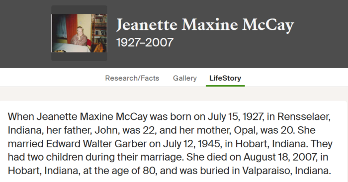 Jeanette Maxine McCay Garber life info, Class of 1945