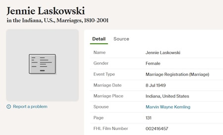 Jennie Laskowski Kemling marriage info, Class of 1946