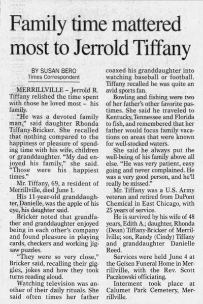 Jerrold (Jerry) Tiffany obit article, Class of 1947