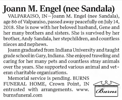 Joan Sandala Engel obit, CLass of 1950