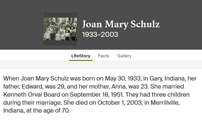 Joan Schulz Board life info, Class of 1951