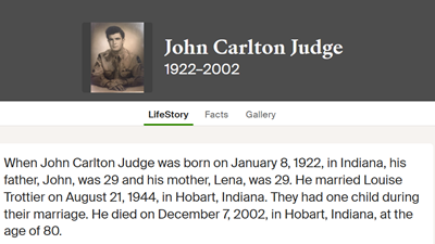 John Carlton Judge Jr. life info, Class of 1939