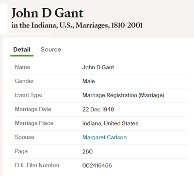 John Gant marriage info, Class of 1931