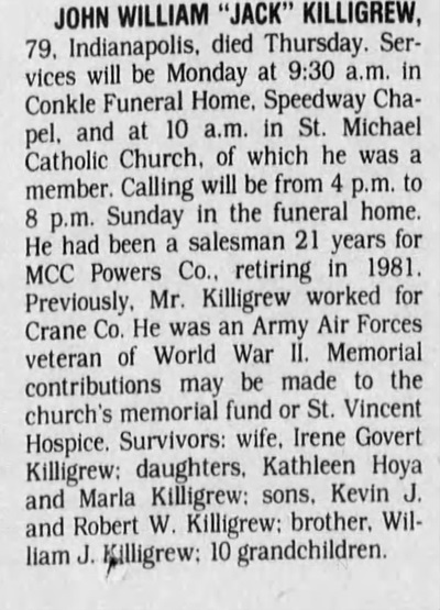 John "Jack" Killigrew gravestone, Class of 1931
