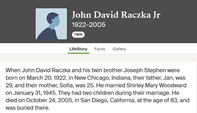 John Ronska (Raczka) life info, Class of 1941