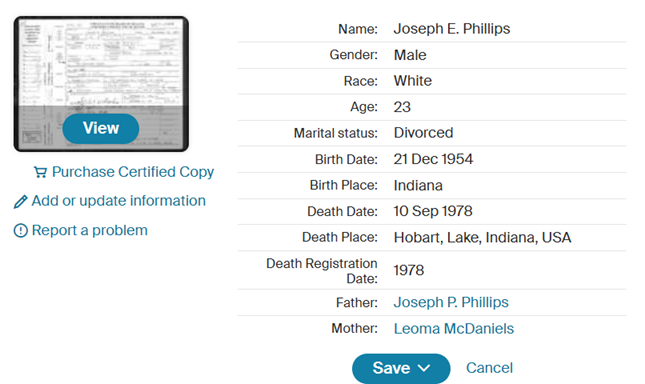 Joe Phillips death certificate info, Class of 1973