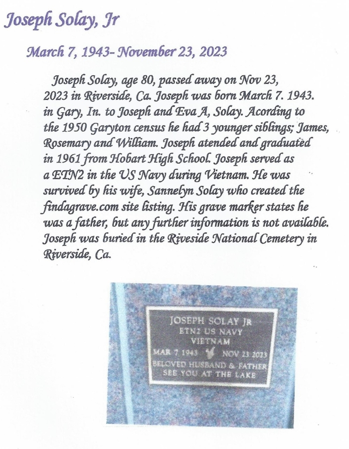 Joe Solay obit, Class of 1961