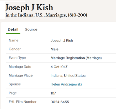Joeph Kish Sr. marriage info, Class of 1936