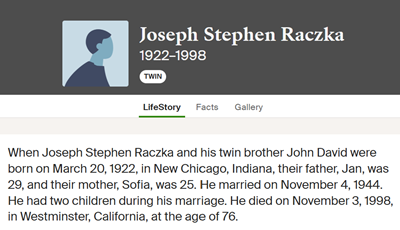 Joseph Ronska (Raczka) life info, Class of 1941