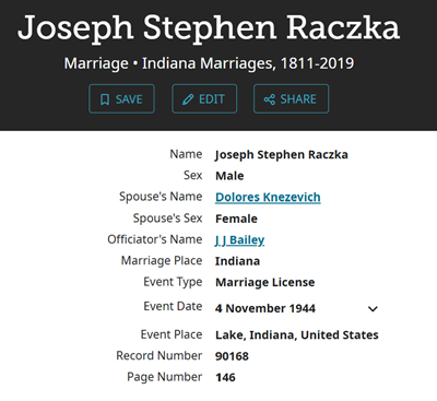 Joseph Ronska Raczka marriage info, Class of 1941
