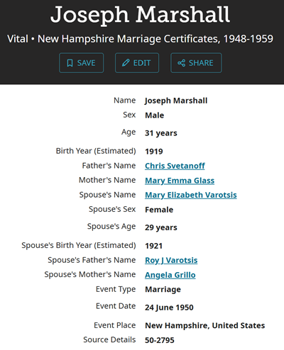 Joseph Svetanoff (Marshall) marriage info, Class of 1939