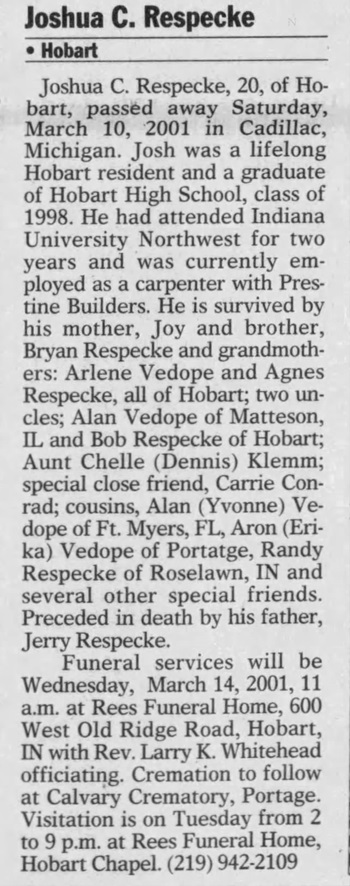 Joshua (Josh) Respecke obituary, Class of 1998