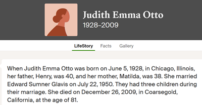 Judee (Judith) Otto Glavis parental info, Class of 1946