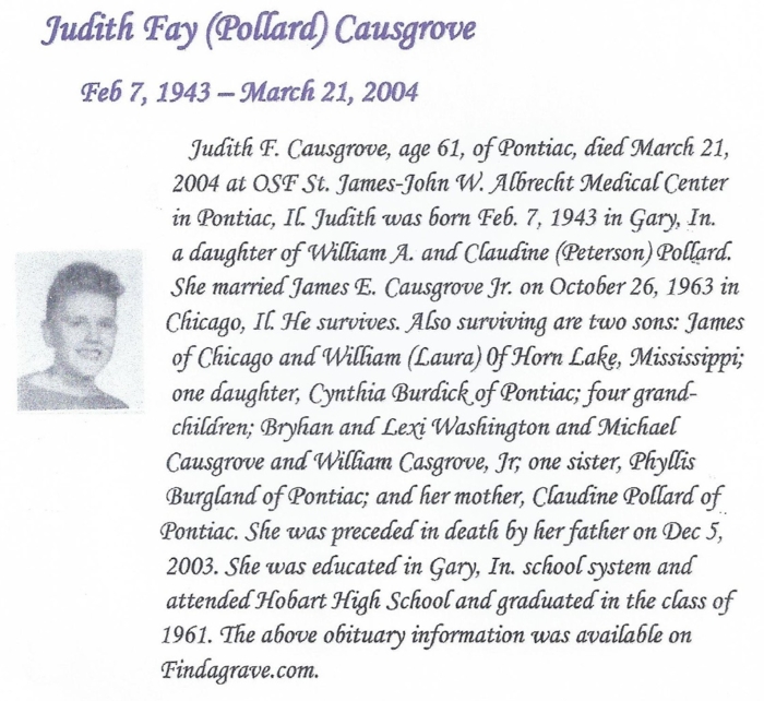 Judy Pollard Causgrove obit, Class of 1961