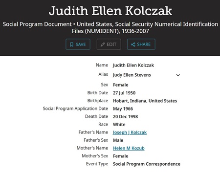 Judy Kolczak Stevens life info, Class of 1968