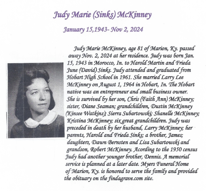 Judy Sinks McKinney obit, Class of 1961