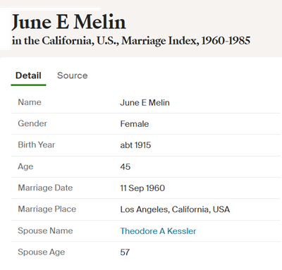 June Melin Dickey Kessler marriage info (Kessler), Class of 1932