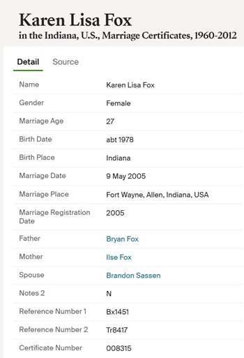 Karen Fox Sassen marriage info, Class of 1995