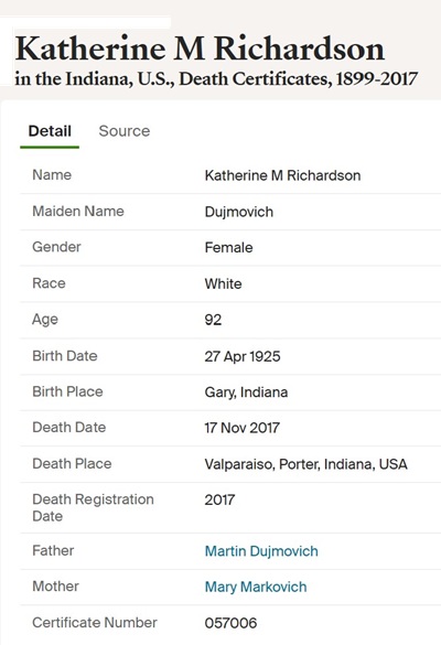 Katherind Dujmovich Richardson deagth cert info, Class of 1943