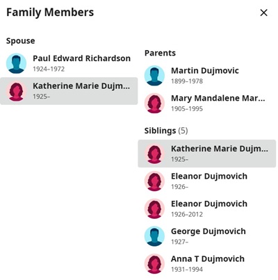 Katherine Dujmovich Richardson family info, Class of 1943