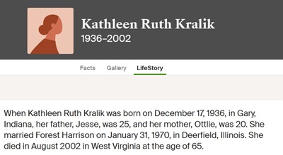 Kathleen (Kathy) Kralik Harrison life info, Class of 1954