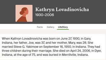 Kathryn Lovadinovich Yakimow life info, Class of 1948