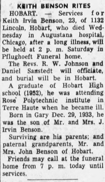 Ketih Benson obituary, Class of 1952