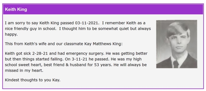 Keith King memorial page from Class of 1971 website