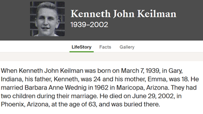 Kenneth (Kenny) Keilman Jr. life info, Class of 1957