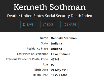 Kenneth Sothman obit info, Class of 1934