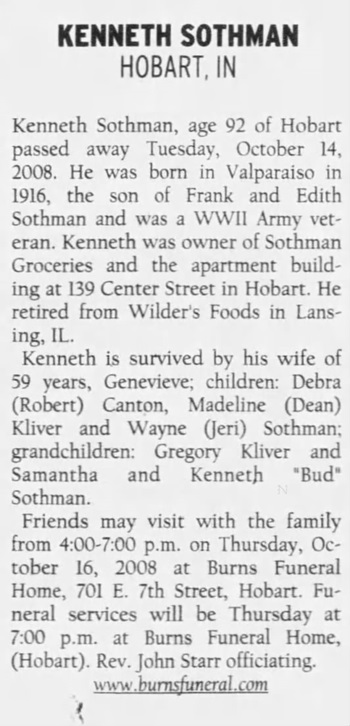 Kenneth Sothman obituary, Class of 1934