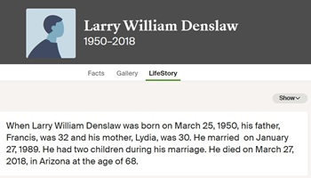 Larry Denslaw life info, Class of 1968