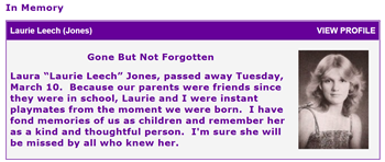 Laura (Laurie) Leech Jones class tribute, Class of 1980