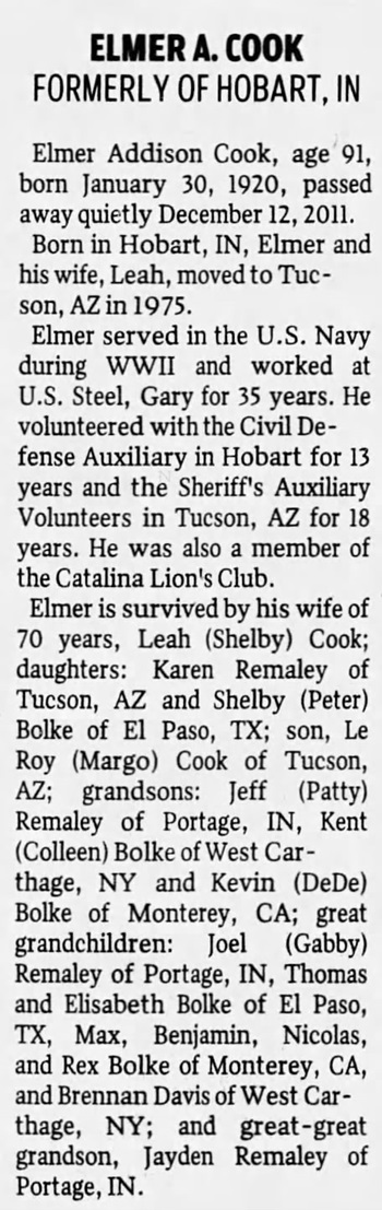 Leah Shelby Cook's husband's Elmer's obituary