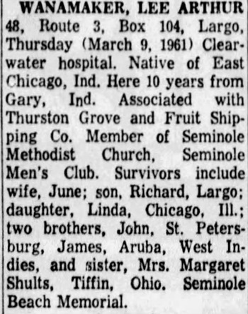 Lee Wanamaker obituary article, Class of 931