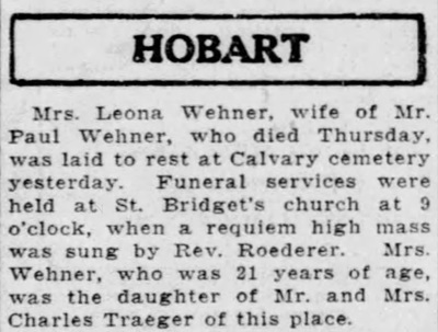 Leona Traeger Wehner obituary article, Class of 1924