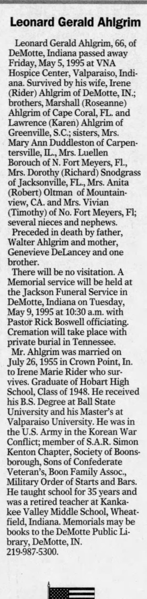 Leonard Gerald (Jerry) Ahlgrim obit, CLass of 1948