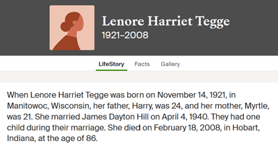 Leonore Tegge Hill life info, Class of 1940