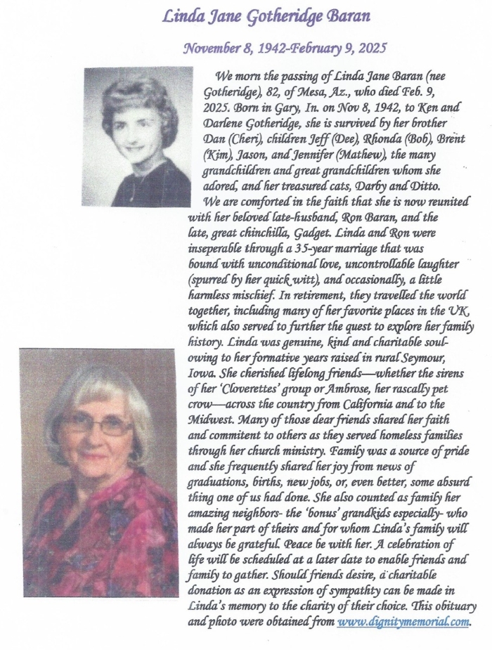 Linda Gotheridge Baran obit, Class of 1961